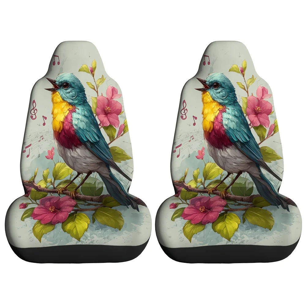 2pcs Colorful Feather Bird Nest Flower Branch Printed Car Seat Covers, Suitable For Sedans, Suvs, Mpvs, Trucks, Durable Polyeste