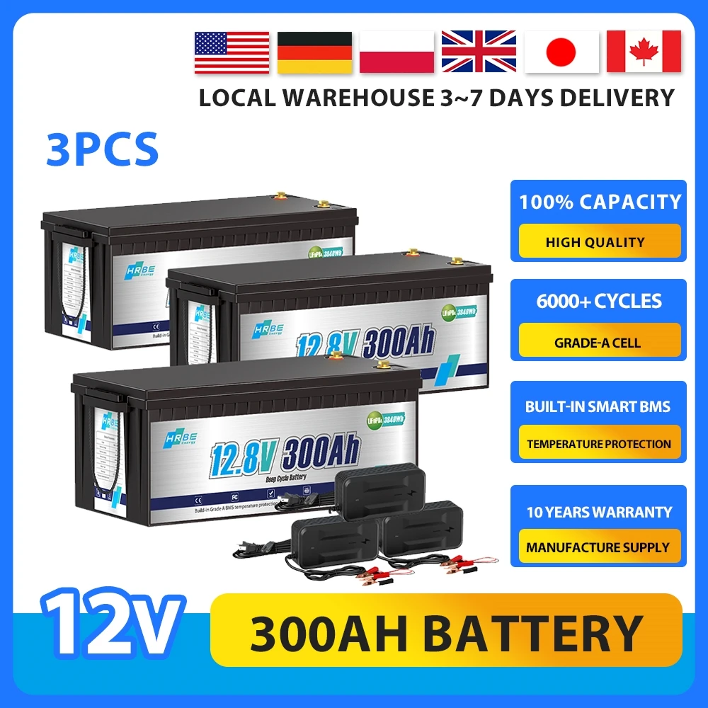 12V 300Ah LiFePO4 Battery Rechargeable Lithium Battery With 200A BMS Deep Cycles Solar System Boat RV Battery 3 Pack