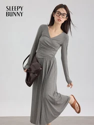 Spring Women Irregular Design Slim-Fit Long Sleeve Top A-Line High-Waist Long Skirt Set Elastic Waist Flattering Stylish Dress