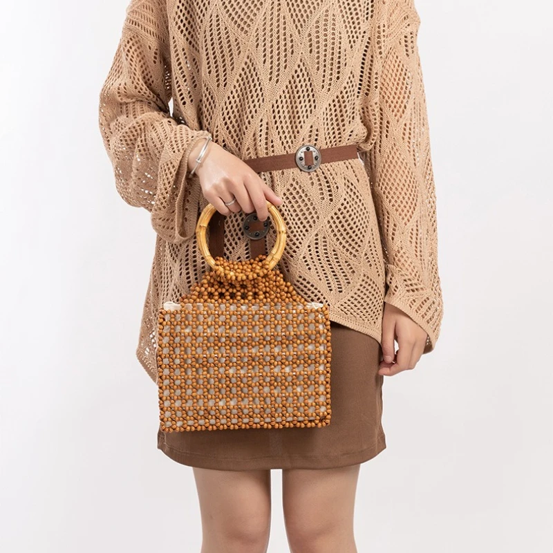 Bohemian Handmade Wood Beaded Tote Bag with Bamboo Handle Hollow Out Woven Summer Beach Handbag for Women Vacation Casual Bolso