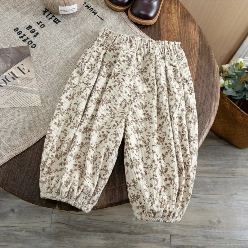 Fashion Baby Girl Princess Cotton Corduroy Flower Pant Infant Toddler Child Floral Trousers Spring Autumn Baby Clothes 1-7Y