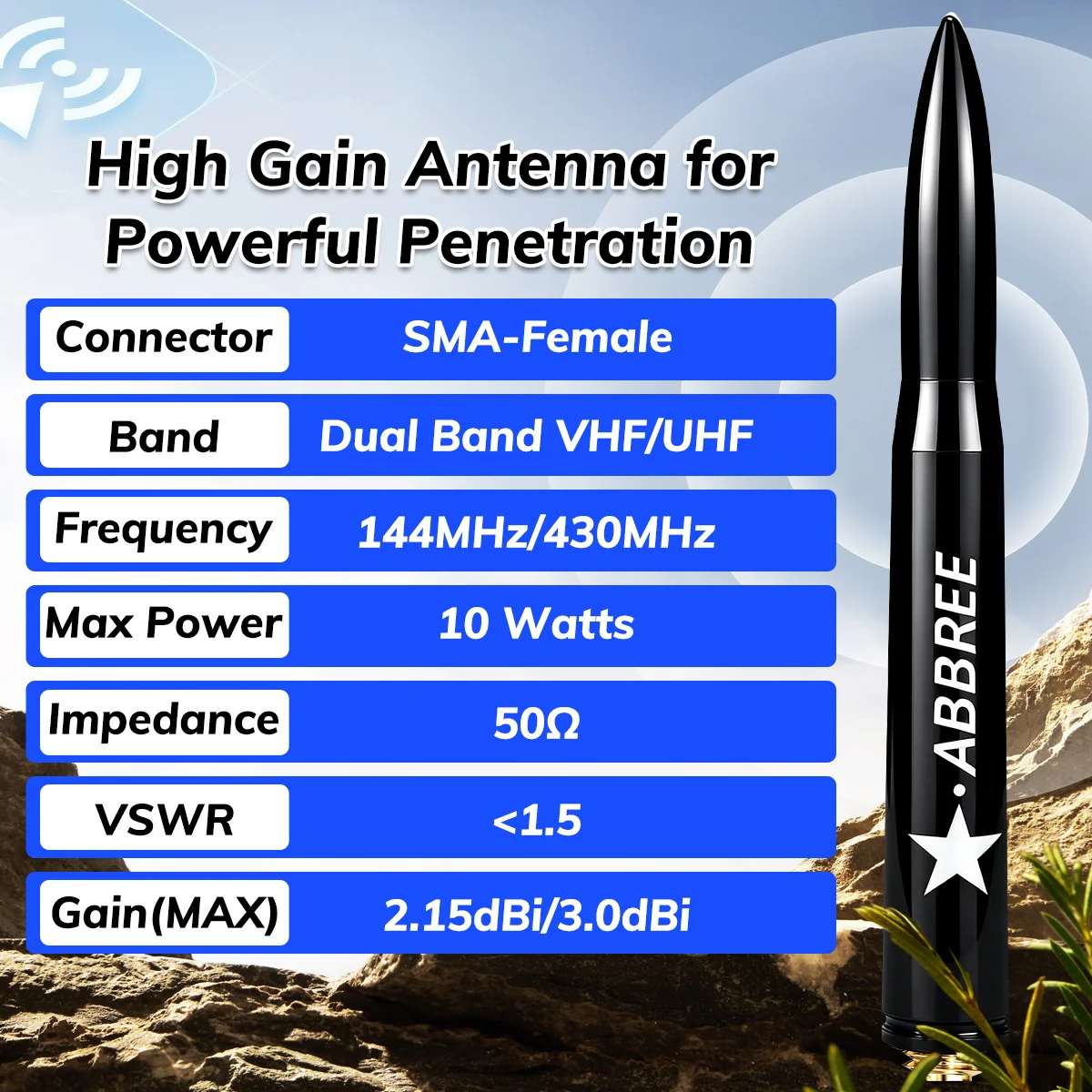 ABBREE AR‑47 Bullet Antenna High Gain SMA‑Female VHF UHF Walkie Talkie Antenna for Baofeng UV‑5R Mini UV-5RH Quansheng UVK5 UVK1