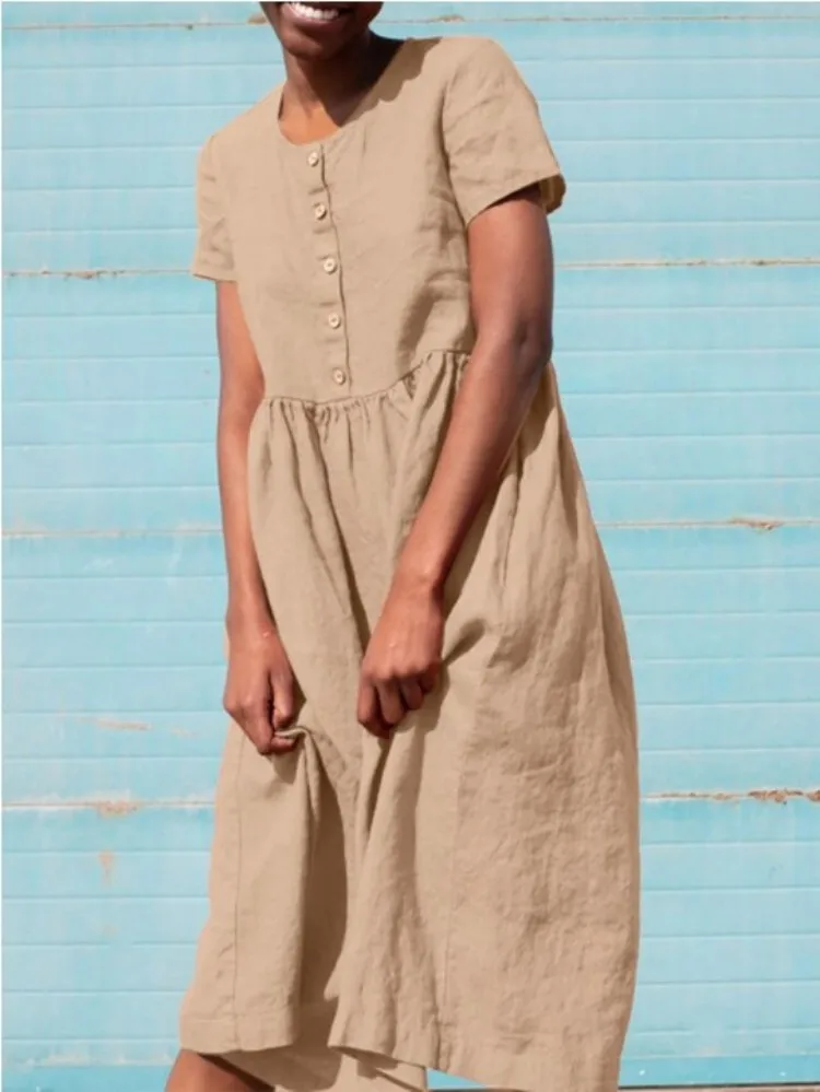 New round neck short-sleeved splicing single-breasted solid color cotton dresses