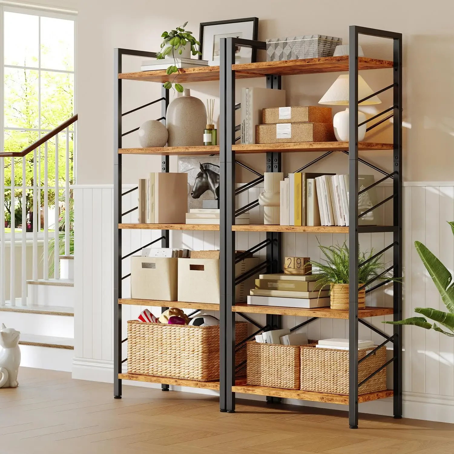 Industrial 5-Tier Bookshelf Multipurpose Corner Bookcase Modern Display Shelf Storage Rack Freestanding Organizer with Metal Frame Adjustable Feet for Living Room Bedroom Home Office