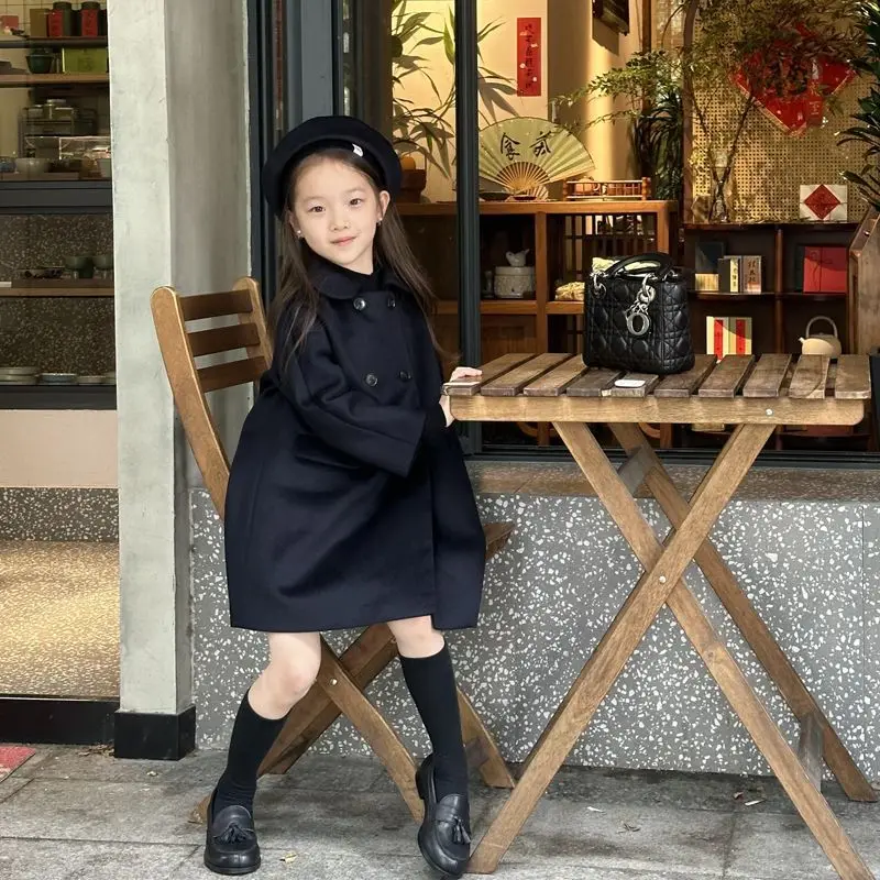 Girls' Winter Woolen Coat Autumn New Style Children's High-End British Style Mid-Length Double-Breasted Tweed Jacket