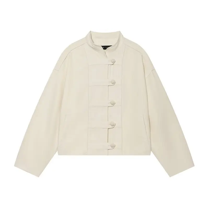 Women’s Cream Stand Collar Knot Button Jacket Chic Chinese Style Coat Versatile Spring Summer Outerwear Trendy Casual Top