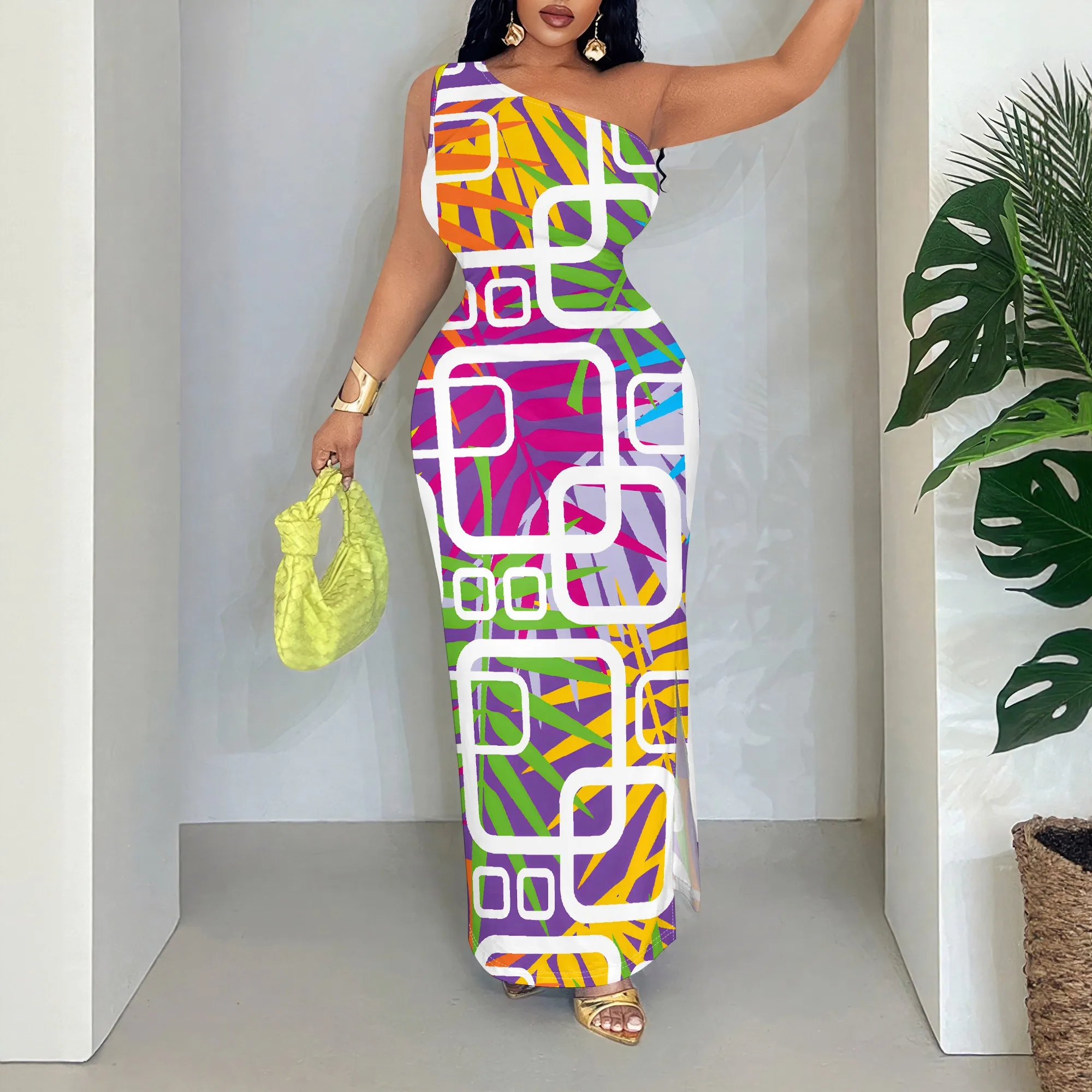 

Vibrant Geometric Print, Sleeveless One-Shoulder Dress, Abstract Pattern Maxi Gown, Boho Party Wear, S-2XL