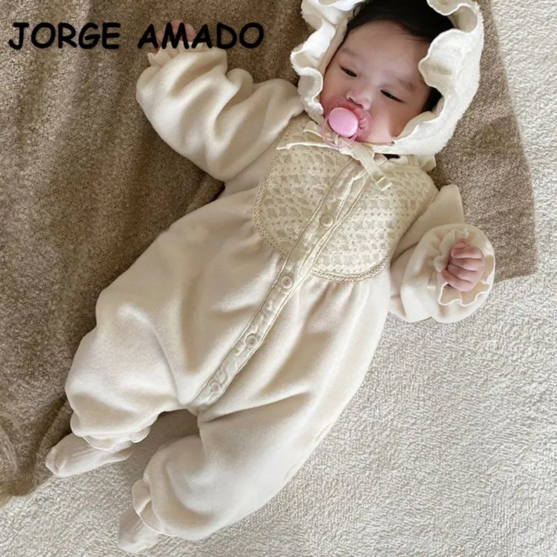 korean style New Autumn Clothes Baby Girl Romper beige Round Collar Long Sleeves Jumpsuit+Cap Newborn Clothes E1380