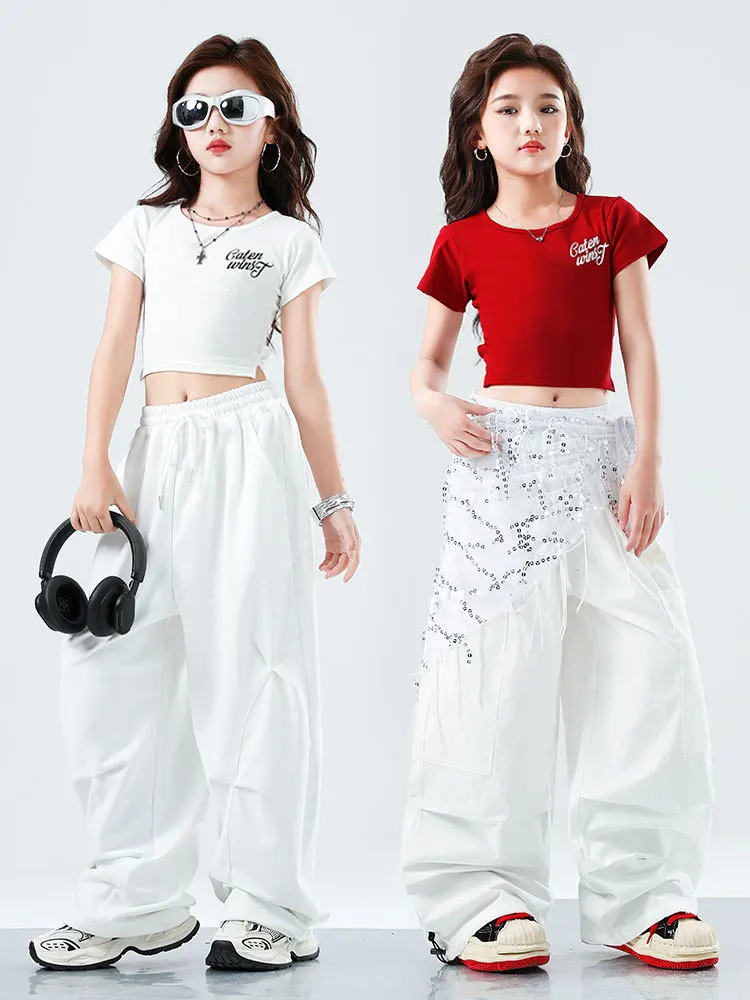 Jazz Outfit Street Dance Kostüm Kinder Mädchen Kpop Bühne Tragen Kurzarm Top Shuffle Hosen Urban Dance Hosen Streetwear VDL3773