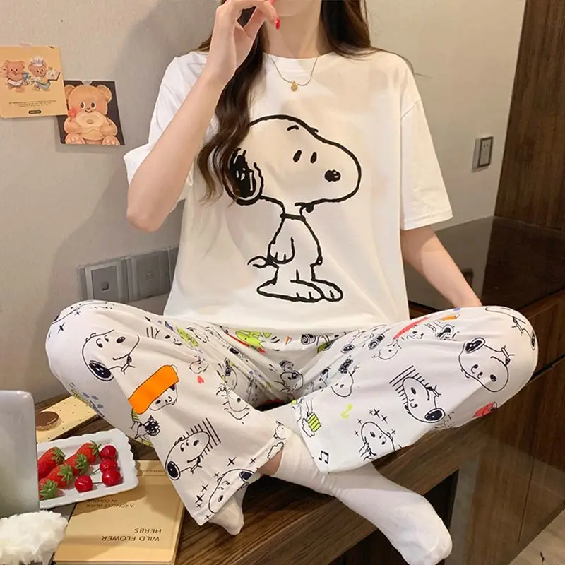 Anime 2026 New Snoopy Pajama Set for Women Cute Cartoon Print Short Sleeved T-Shirt+Shorts Pajama Fashion Casual Girls Home Wear view 2