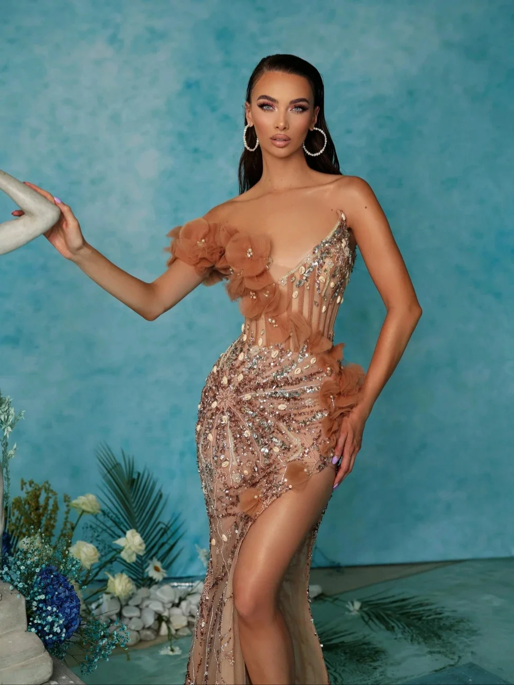 Abiti da sera di lusso con scollo a V e perline Abito da ballo sexy con paillettes senza maniche con applicazioni a sirena Abito da festa con spacco alto personalizzato