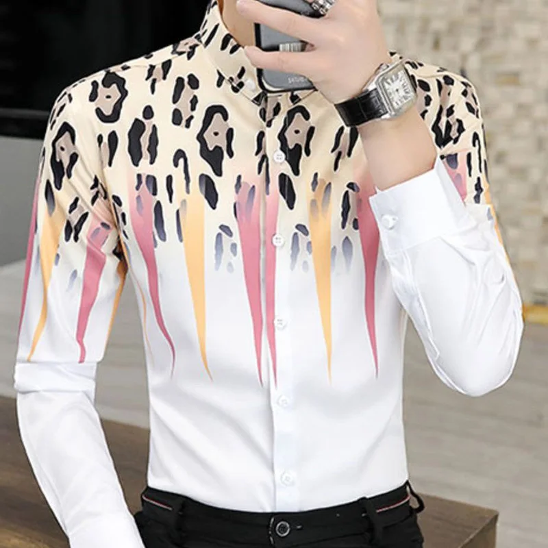 Fashion Lapel Button Spliced Loose Printed Korean Shirt Men\'s Clothing 2022 Autumn New Oversized Casual Tops All-match Shirts