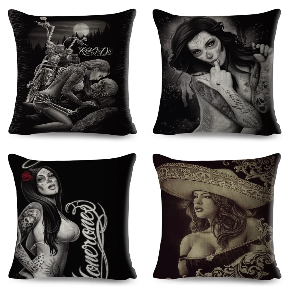 غطاء وسادة بطباعة كرتونية ، غطاء وسادة بتصميم جمجمة مثير للنساء والفتيات ، للأريكة ، المنزل ، السيارة ، البوليستر ، 45x45 سم