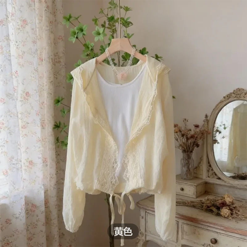 Sweet Summer Gentle New Style Ruffle Lace Breathable Drawstring Hooded Shirt Casual Lightweight Women's Outerwear