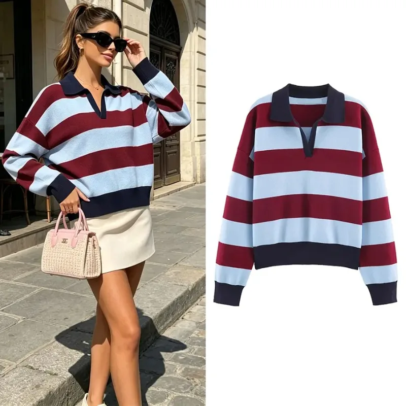 Women Elegant Striped Polo Shirt Knit Color Blocked Long Sleeve Lapel Warm Sweater 2026 Spring Autumn Casual Vacation Outfit