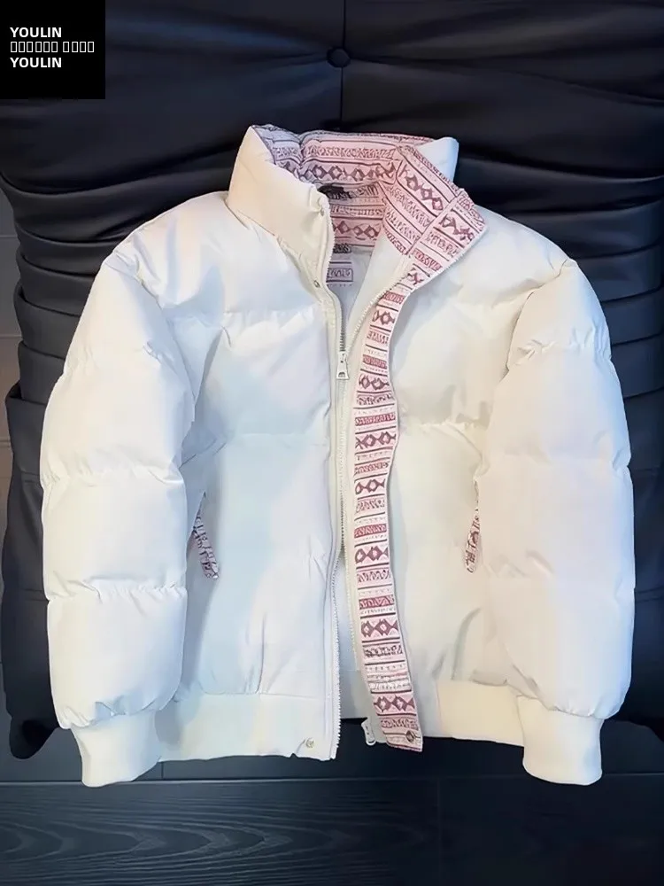 

Thiened ort Cotton Jaet Men's Winter Outerwear Stand Collar Splicing Warm American Sle Bread Coat Contrast Color Design