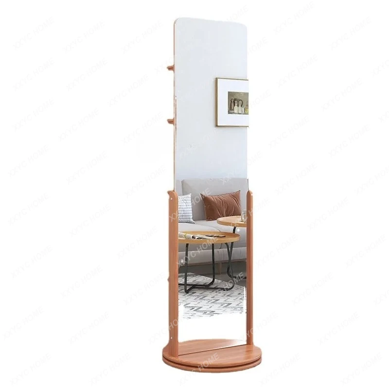 Solid Wood Rotating Floor Mirror Coat Rack Clothes Rack Integrated Full-Length Mirror Wire-Wrap Board