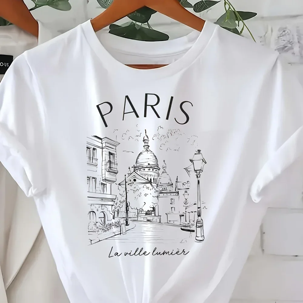 Vintage Elegant O-neck Short Sleeved T-shirt Paris Tower Printed Top High-quality Comfortable And Minimalist Women's Clothing