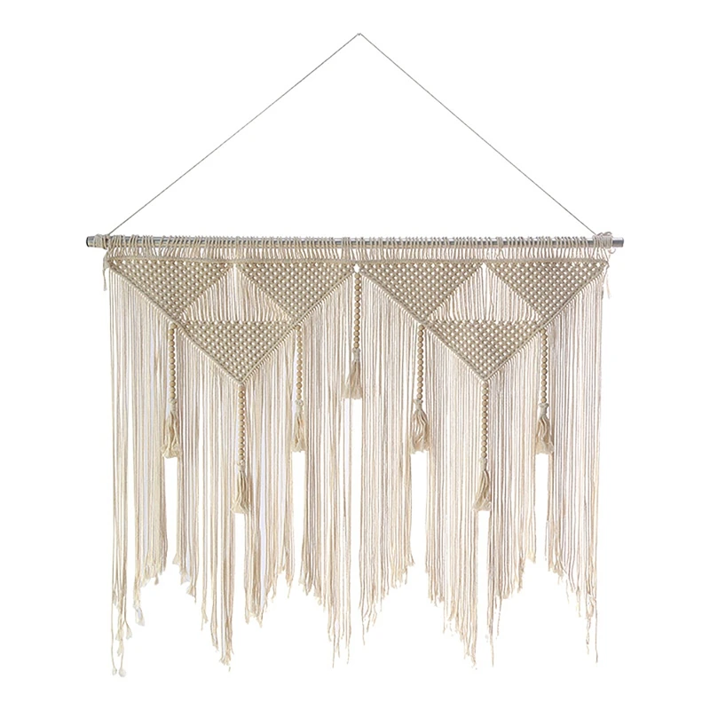 

Promotion! Macrame Wall Hanging Boho Woven Tapestry, Beige White Tassel Decor Curtain For Home Backdrop (Wood Stick Not Included