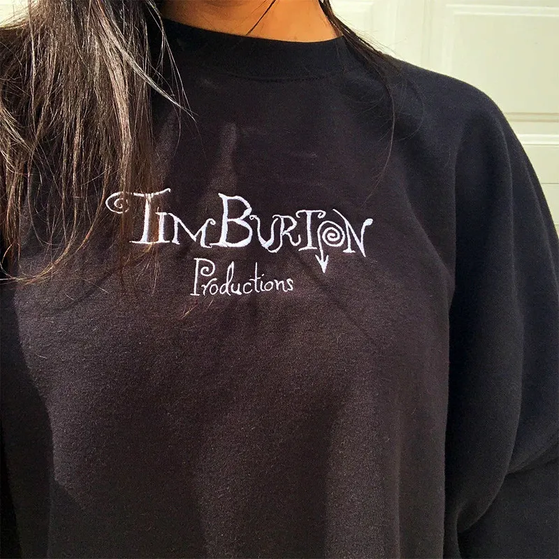 

Tim Burton Production Letters Embroidered Crewneck Sweatshirts Unisex Cotton Autumn Thick Pullover Vintage Style Casual Sweaters