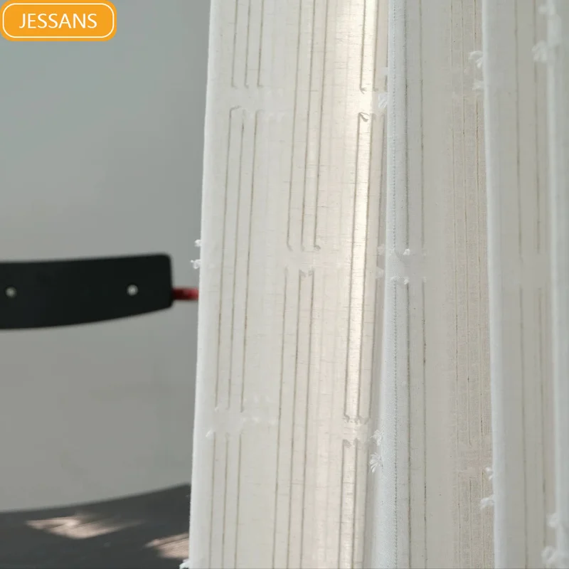 

Striped Linen Curtains White Velvet Jacquard Window Curtains for Living Room Bedroom Balcony Bay Window Customization