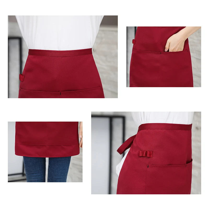 Kitchen Apron Universal Unisex Ladies Kitchen Cooking Short Apron Waiter Double Pocket Restaurant Bakery Nail Studio