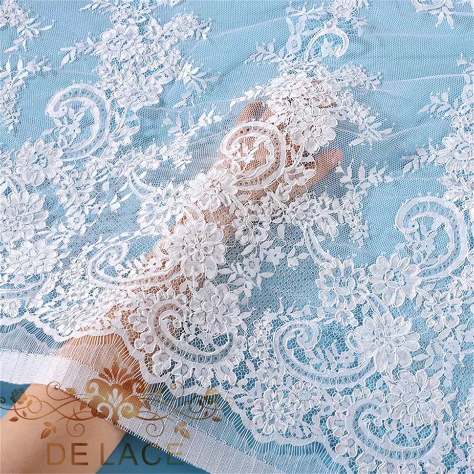 

Premium Quality Corded Embroidered Lace Soft French Chantilly Eyelash Fabric With Cords Wedding Dress Lace Fabric