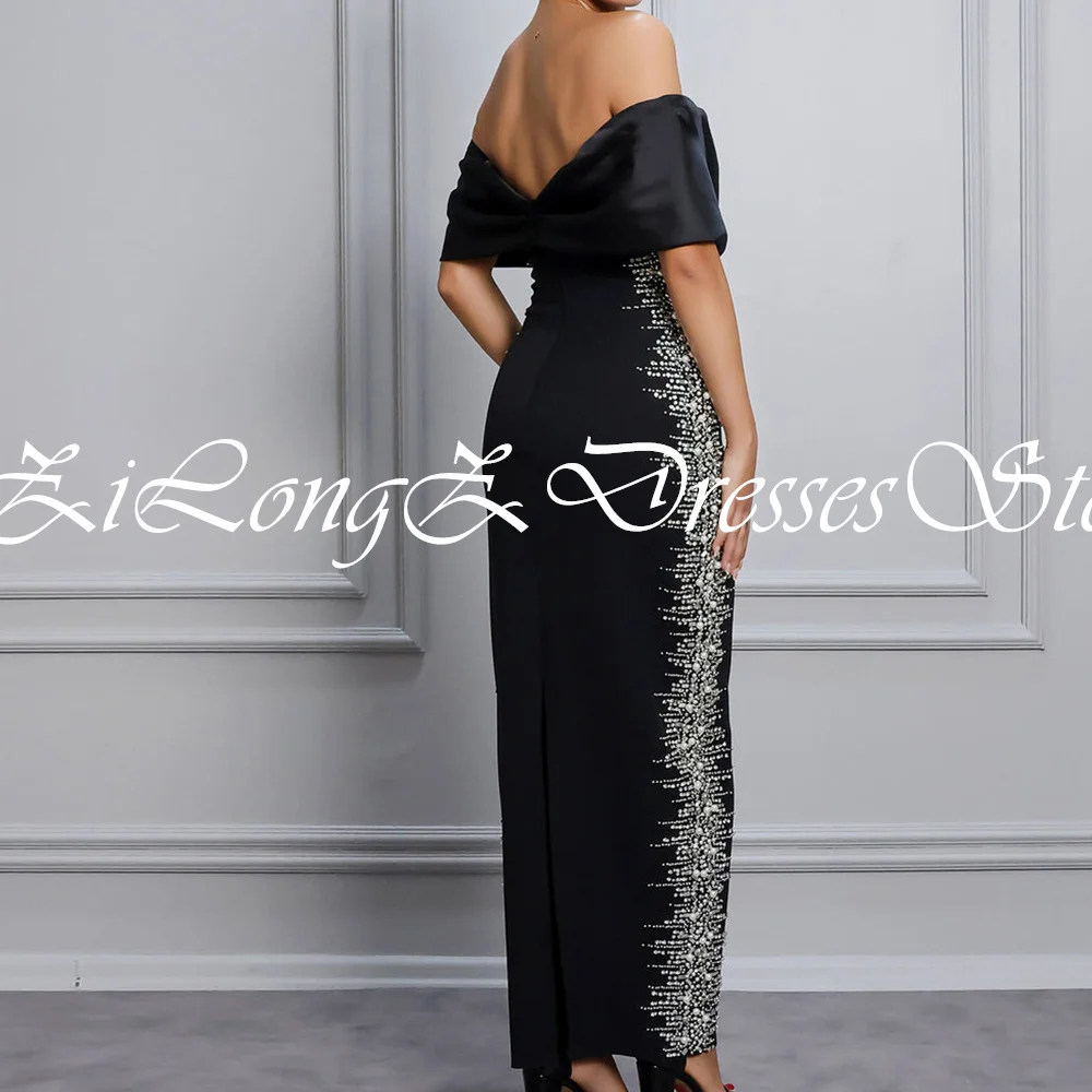 Elegant Party Evening Dresses Off the Shoulder Straight Saudi Arabia Long Beaded Evening Gowns Jersey Back Silt Boat Neck