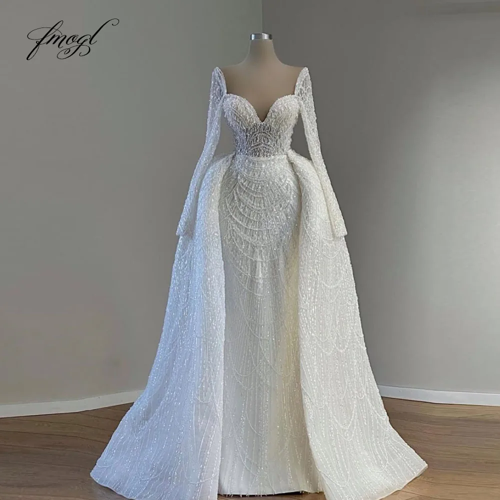 

Customized Scalloped Long Sleeve Mermaid Wedding Dresses Lace Beaded Detachable Train Vestido De Novia Luxury Bridal Gowns