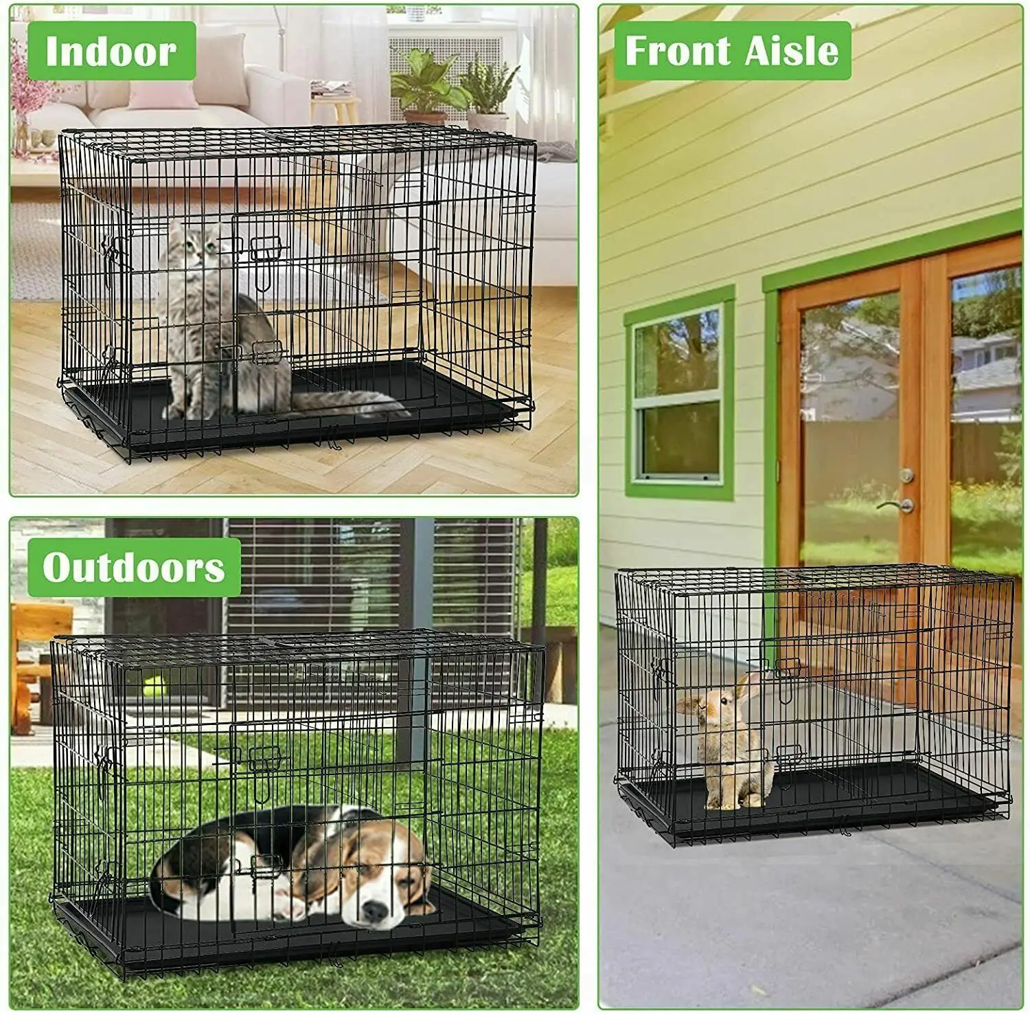 US Waterproof Folding Metal Dog Crate Kennel, Double-Door Cages, W/Tray Pen, 36