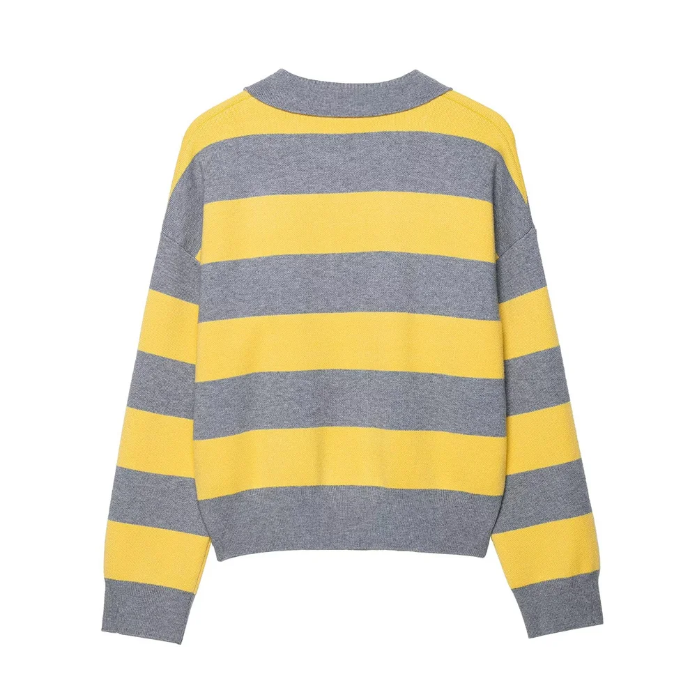 Autumn new women's clothing sweet and fashionable loose POLO collar striped knit sweater for women