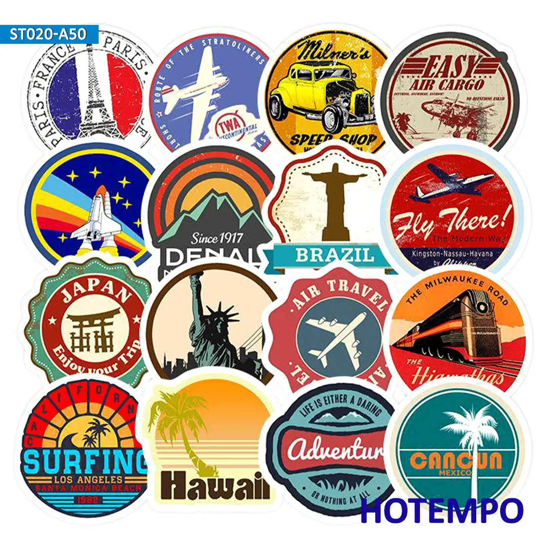 50PCS Travel Stickers Funny Cityscape Retro Fashion Decals for Phone Laptop Scrapbook Guitar Skateboard Bike Car Luggage Sticker