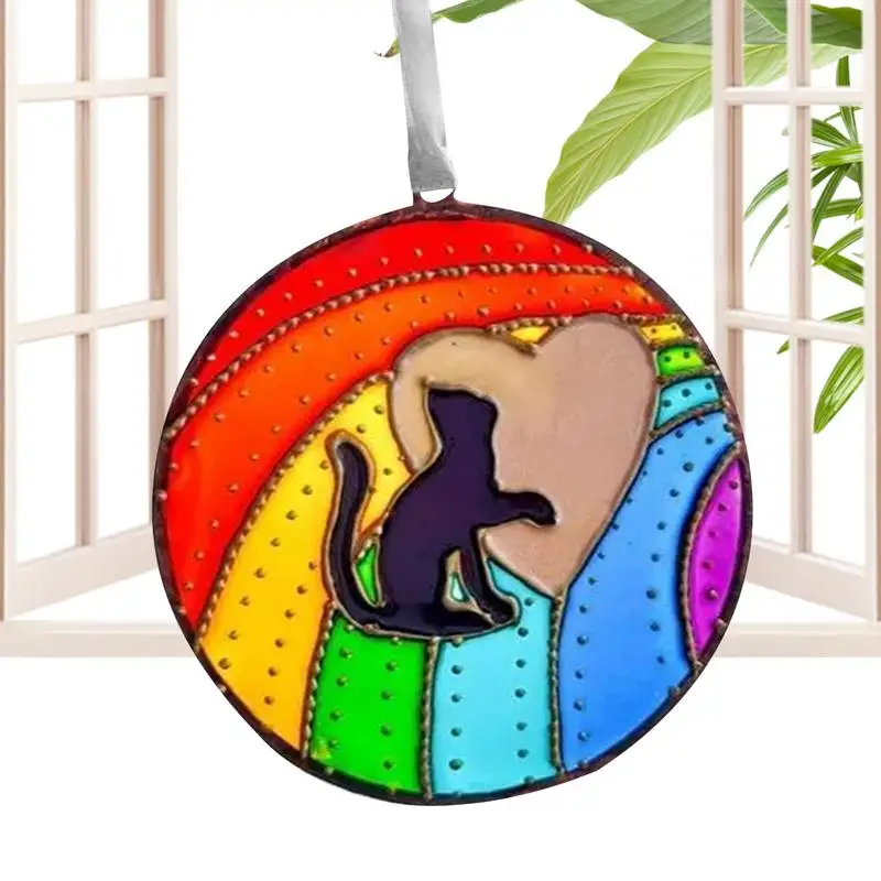 Metal Rainbow Cat Hung Decor Vibrant Sun Catcher Decor Black Hollow Cats Sculpture Hung Decor For Living Room Offices Bedroom