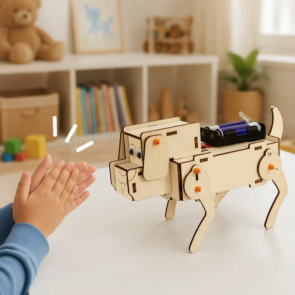 Wooden DIY Voice Control Mechanical Dog STEM Science Kit for Kids Educational Toys Physics Robot Pet School Teaching Aids