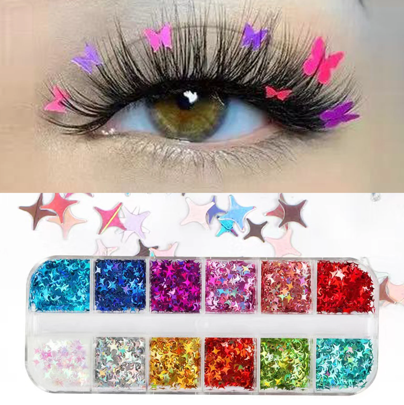 12 Colors Eyelash Decoration Glitter 3D False Lash Art Accessories Fluorescent Nail Sequins Star Slices Alphabet Flower Ornament