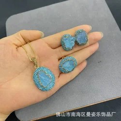 Factory direct sales Aquamarine raw ore clay inlay process exquisite set Douyin hot-selling natural stone jewelry
