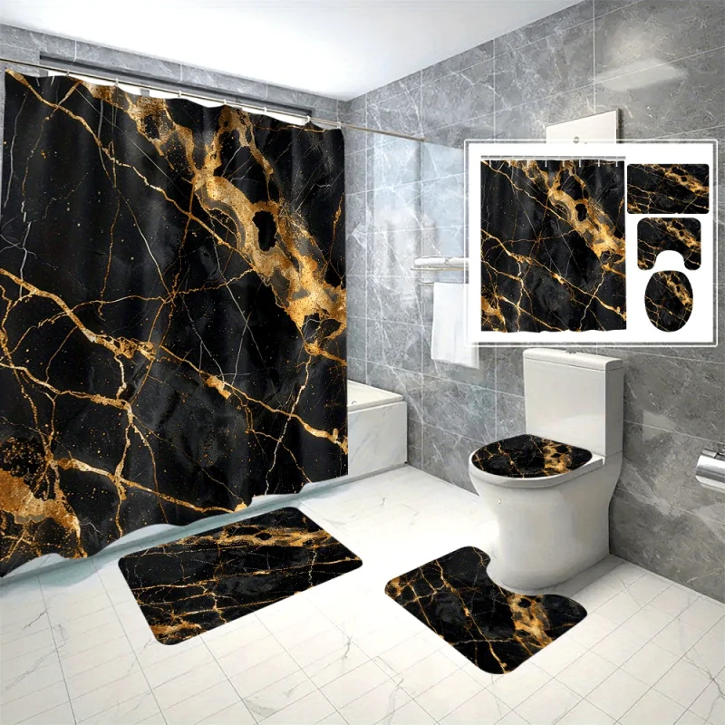 4 pcs/set black and golden marble shower curtain set, 3D digital print, waterproof & mildew resistant bathroom decor