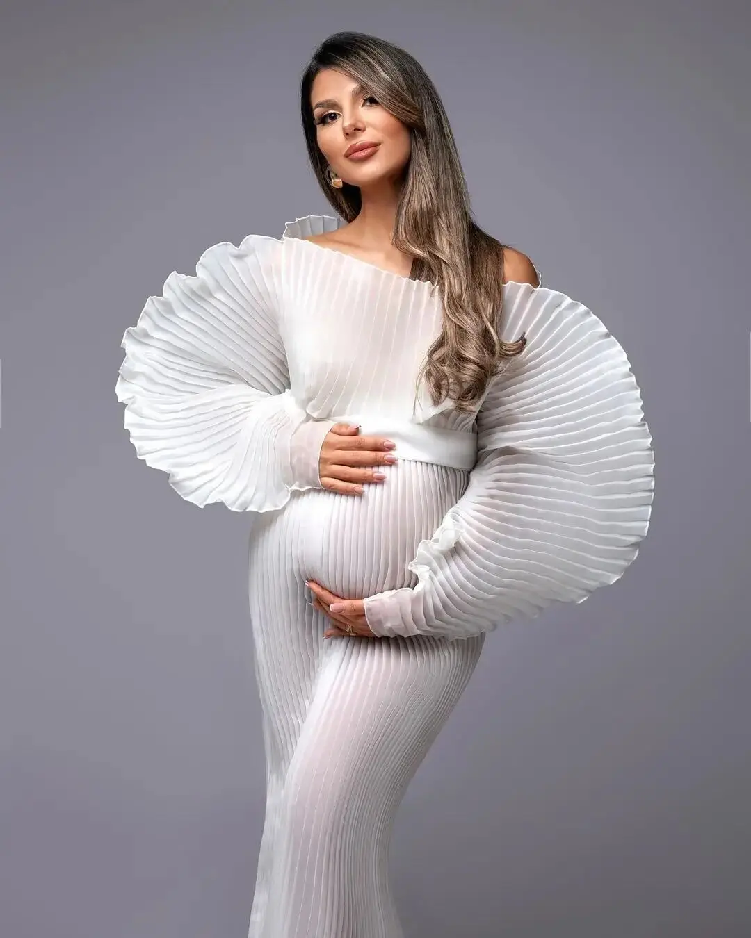 Unique Design Pregnant Maternity Dresses Photoshoot White Off Shoulder Elegant Maternity Dress Pleated Sleeves No Lining