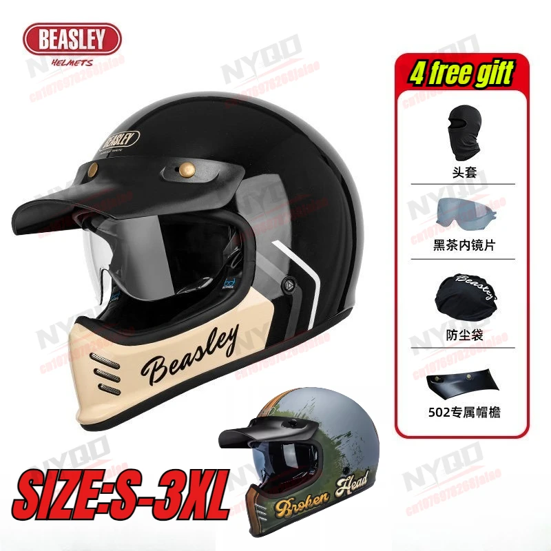 

Мотошлем BEASLEY Retro Full Face Classic Cruiser, сертифицированный ECE, размеры S-XXXL, черно-белый