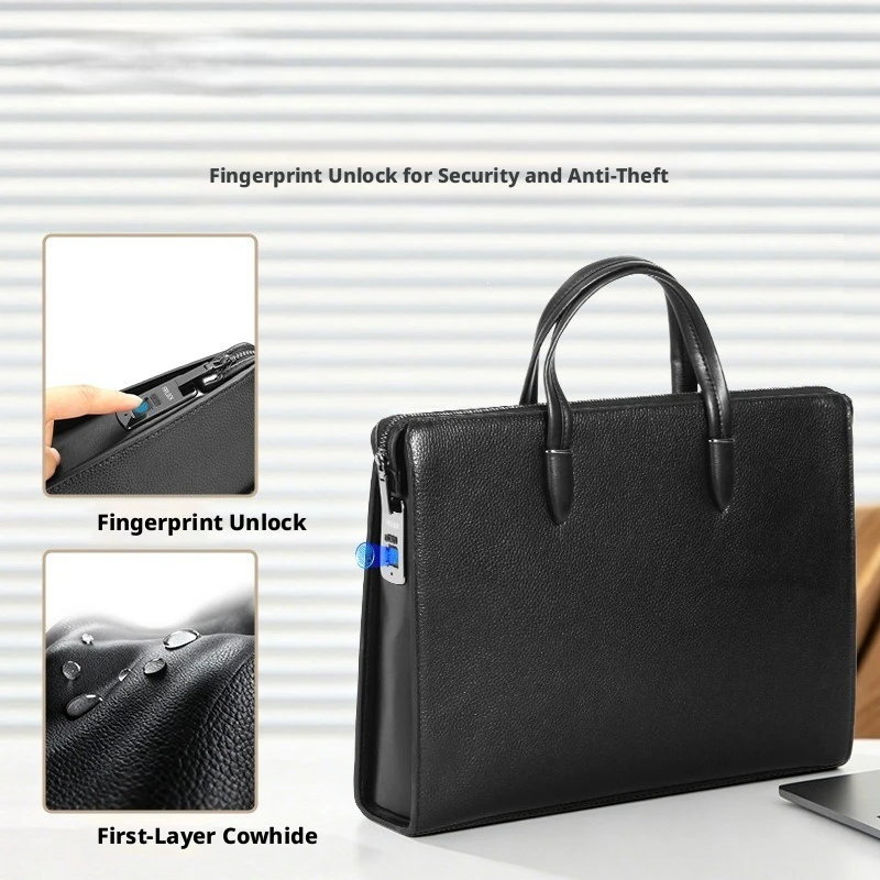 Men Black Genuine Cowhide Leather Fingerprint Lock Briefcase Smart Anti Theft Laptop Bag Business Handbag with Strap