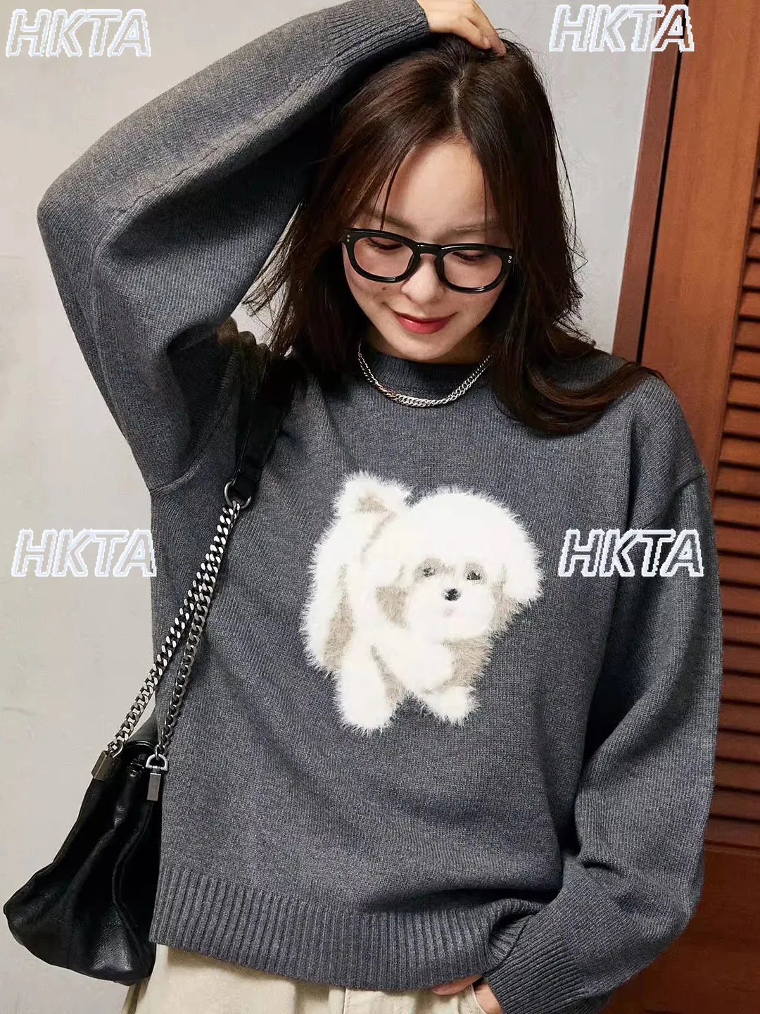 Sweet Commute 2025 Autumn Winter Plush Cartoon Pattern Round Neck Loose Knitted Pullover Top Long Sleeve Black Sweater for Women