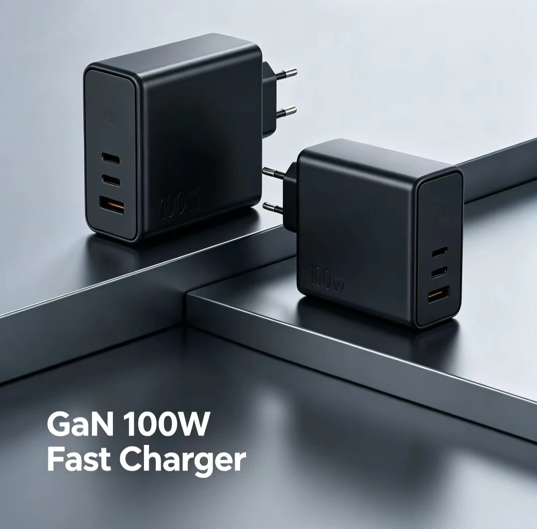 100W GaN Fast Charger 3-Port with 2 USB-C And 1 USB-A for MacBook iPhone iPad Samsung Galaxy Switch - Compact Charging Adapter.