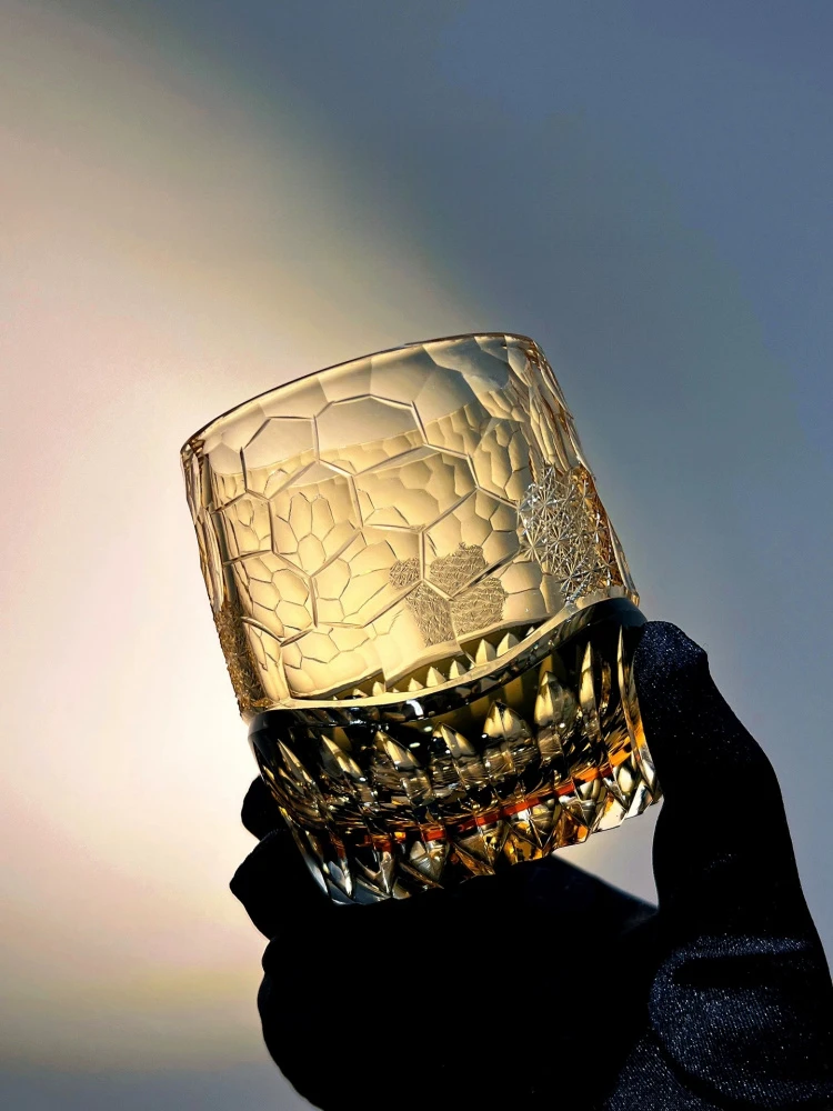 350ml Edo Kiriko Fashioned Whiskey Glass Amber Grey Crystal cup With Gift Box Snow Ice Flower Trendy Drinkware Dropshipping
