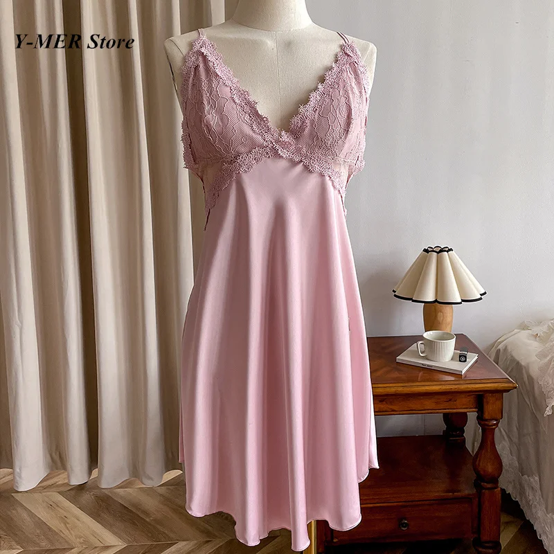 Spaghetti Strap Sexy Lace Nightgown Pink Embroider Flower Women Satin Home Dressing Gonw Sleepwear Spring Loungewear Lingerie