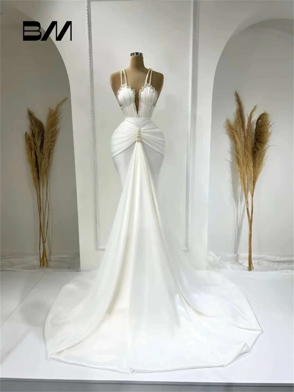 

Pearls Satin Wedding Dress Mermaid Customized Women Bride Dresses Beads Spaghetti Straps Bridal Gown Custom Made