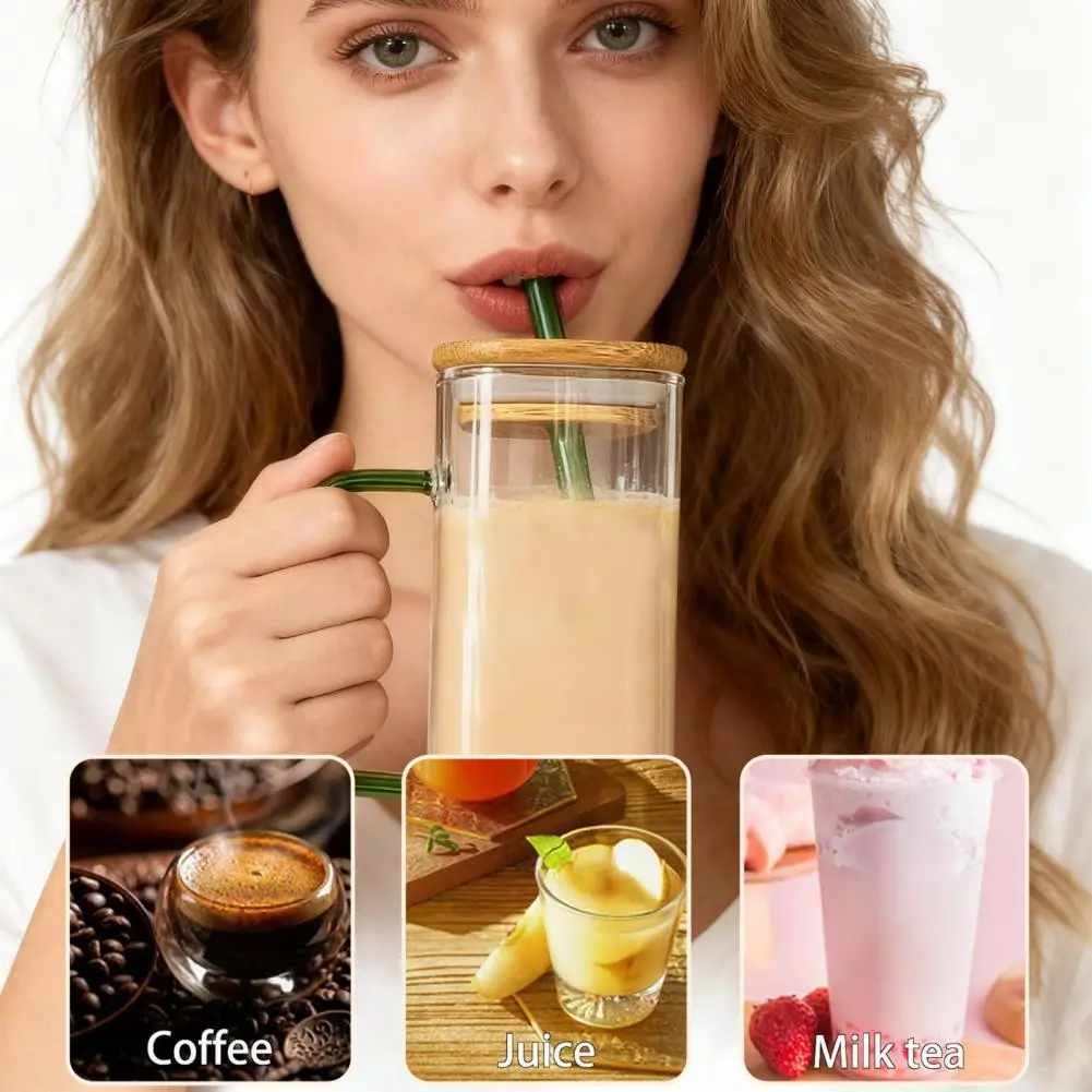 Square Glass Tumbler with Handle And Lid 380ml Transparent Coffee Cup Glass Cup with Lid Tea Milk Jar for Hot Cold Drinks