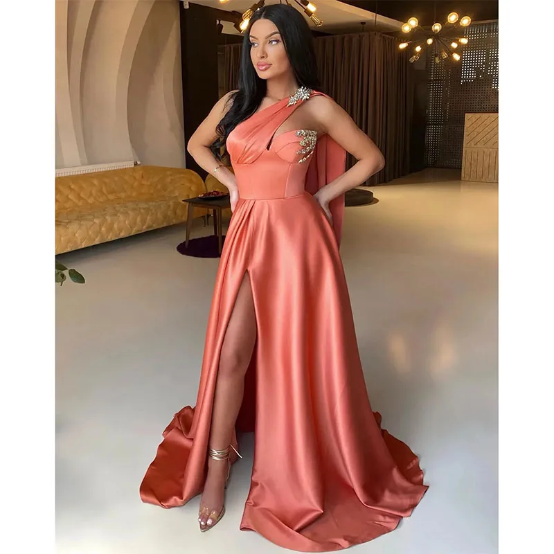 Coral Pink Prom Dress Beads One Shoulder Evening dresses Pleats Slit Formal Long Special Occasion Party Gown