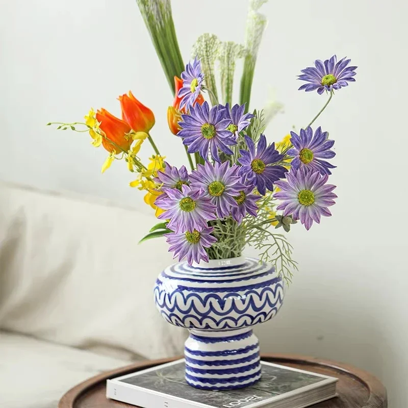 

X20Blue Ceramic Vase Geometric Irregular Lines Flower Vase Ceramic Handicraft Flowerpot Terrarium Vases Pots Home Decoration