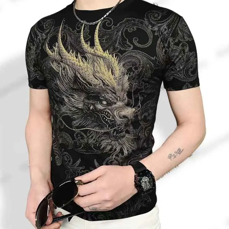 Europe and America 2024 Summer New Men\'s Round Neck Slim Short Sleeve T-Shirt Printed Top