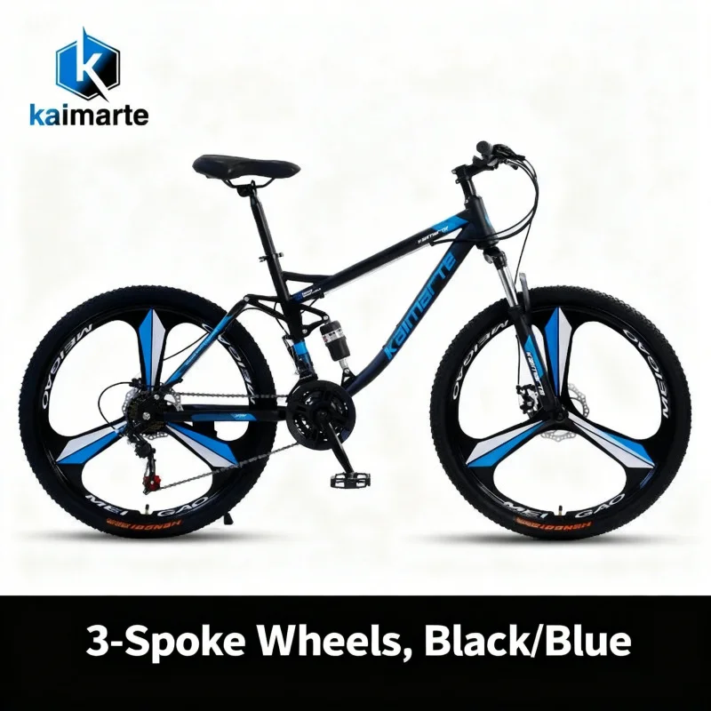 

Black and Blue Three-blade Wheel Speed Down Soft Tail Mountain Bike Double Shock Absorption Variable Speed Student Youth26Off-r